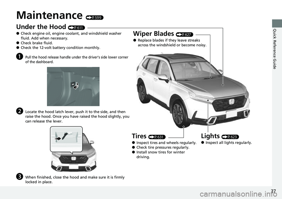 HONDA CRV 2023 Owners Guide 37
Quick Reference Guide
Maintenance (P599)
Under the Hood (P611)
●Check engine oil, engine coolant, and windshield washer
fluid. Add when necessary.
●Check brake fluid.●Check the 12-volt batte HONDA CRV 2023 Owners Guide 37
Quick Reference Guide
Maintenance (P599)
Under the Hood (P611)
●Check engine oil, engine coolant, and windshield washer
fluid. Add when necessary.
●Check brake fluid.●Check the 12-volt batte