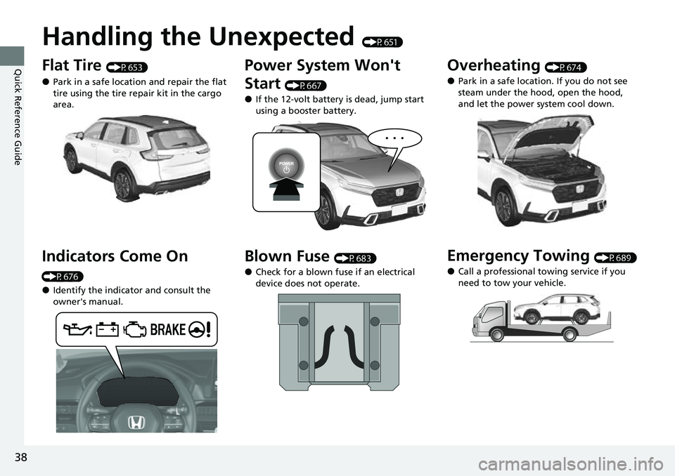 HONDA CRV 2023 Owners Guide 38
Quick Reference Guide
Handling the Unexpected (P651)
Flat Tire (P653)
●Park in a safe location and repair the flat
tire using the tire repair kit in the cargo
area.
Indicators Come On
(P676)
HONDA CRV 2023 Owners Guide 38
Quick Reference Guide
Handling the Unexpected (P651)
Flat Tire (P653)
●Park in a safe location and repair the flat
tire using the tire repair kit in the cargo
area.
Indicators Come On
(P676)
