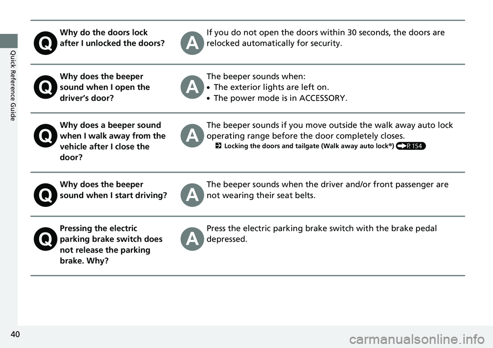 HONDA CRV 2023 Service Manual 40
Quick Reference Guide
Why do the doors lock
after I unlocked the doors?If you do not open the doors within 30 seconds, the doors are
relocked automatically for security.
Why does the beeper
soun HONDA CRV 2023 Service Manual 40
Quick Reference Guide
Why do the doors lock
after I unlocked the doors?If you do not open the doors within 30 seconds, the doors are
relocked automatically for security.
Why does the beeper
soun