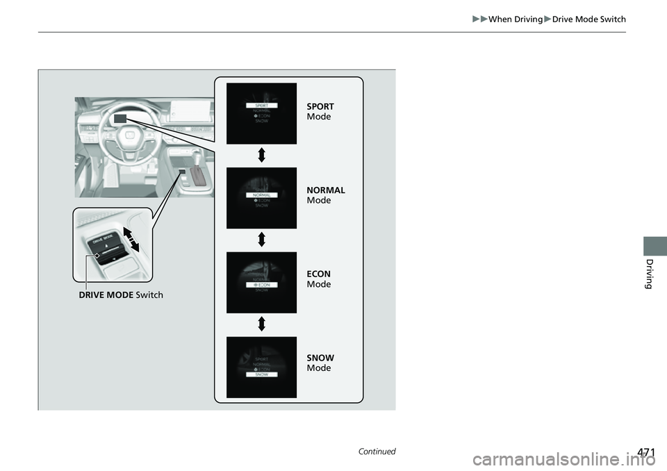 HONDA CRV 2023 Owners Manual 471
uuWhen Driving uDrive Mode Switch
Continued
Driving
DRIVE MODE Switch
NORMAL
Mode
ECON
Mode
SNOW
Mode SPORT
Mode HONDA CRV 2023 Owners Manual 471
uuWhen Driving uDrive Mode Switch
Continued
Driving
DRIVE MODE Switch
NORMAL
Mode
ECON
Mode
SNOW
Mode SPORT
Mode