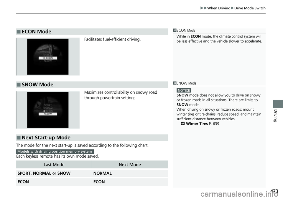 HONDA CRV 2023  Owners Manual 473
uuWhen Driving uDrive Mode Switch
Driving
Facilitates fuel-efficient driving.
Maximizes controllability on snowy road 
through powertrain settings.
The mode for the next start-up is sa ved accordi