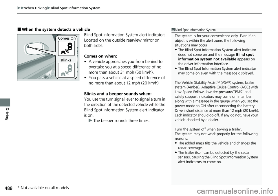 HONDA CRV 2023  Owners Manual uuWhen Driving uBlind Spot Information System
488
Driving
■When the system detects a vehicle
Blind Spot Information System alert indicator: 
Located on the outside rearview mirror on 
both sides.
Co