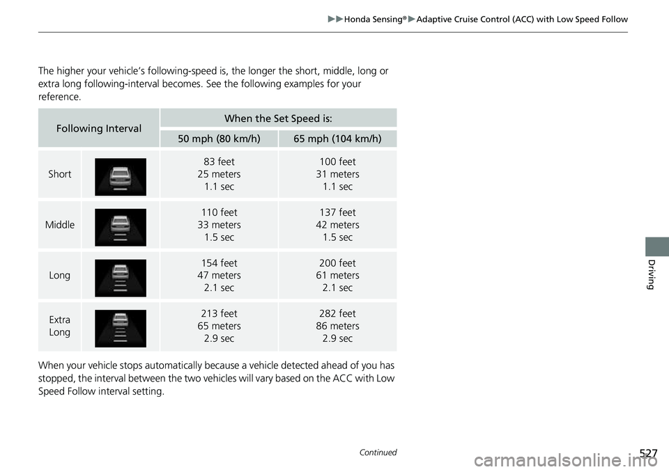 HONDA CRV 2023 Owners Manual 527
uuHonda Sensing ®u Adaptive Cruise Control (ACC) with Low Speed Follow
Continued
Driving
The higher your vehicle’s following-speed is , the longer the short, middle, long or
extra long followi HONDA CRV 2023 Owners Manual 527
uuHonda Sensing ®u Adaptive Cruise Control (ACC) with Low Speed Follow
Continued
Driving
The higher your vehicle’s following-speed is , the longer the short, middle, long or
extra long followi