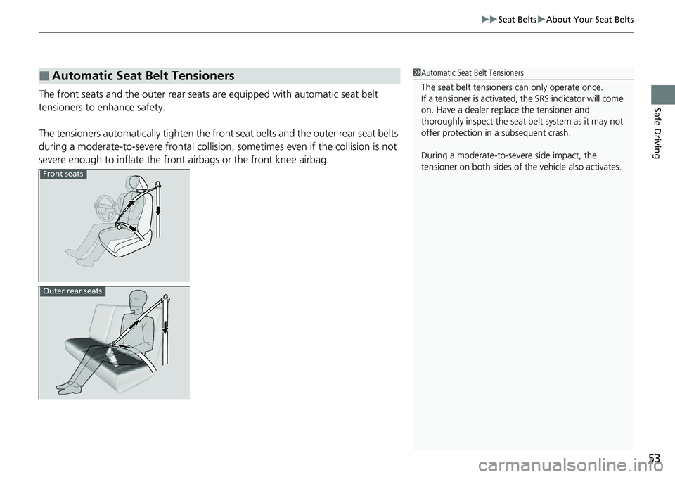 HONDA CRV 2023 Workshop Manual 53
uuSeat Belts uAbout Your Seat Belts
Safe DrivingThe front seats and the outer rear seats  are equipped with automatic seat belt 
tensioners to enhance safety.
The tensioners automatically tighten t