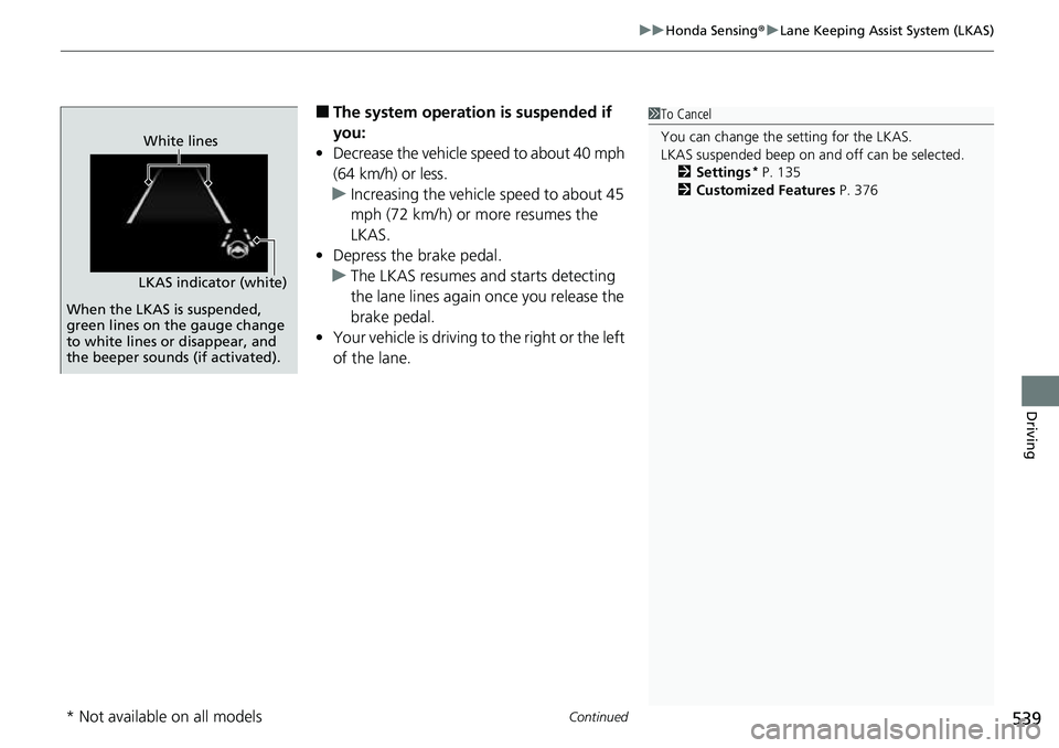 HONDA CRV 2023 Manual PDF Continued539
uuHonda Sensing ®u Lane Keeping Assist System (LKAS)
Driving
■The system operatio n is suspended if
you:
• Decrease the vehicle speed to about 40 mph
(64 km/h) or less.
u Increasin HONDA CRV 2023 Manual PDF Continued539
uuHonda Sensing ®u Lane Keeping Assist System (LKAS)
Driving
■The system operatio n is suspended if
you:
• Decrease the vehicle speed to about 40 mph
(64 km/h) or less.
u Increasin