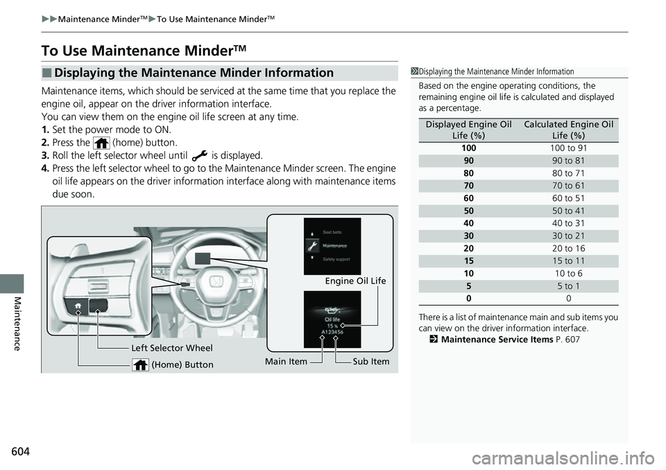 HONDA CRV 2023 Owners Manual 604
uuMaintenance MinderTMuTo Use Maintenance MinderTM
Maintenance
To Use Maintenance MinderTM
Maintenance items, which should be serviced at the same time that you replace the
engine oil, appear on HONDA CRV 2023 Owners Manual 604
uuMaintenance MinderTMuTo Use Maintenance MinderTM
Maintenance
To Use Maintenance MinderTM
Maintenance items, which should be serviced at the same time that you replace the
engine oil, appear on