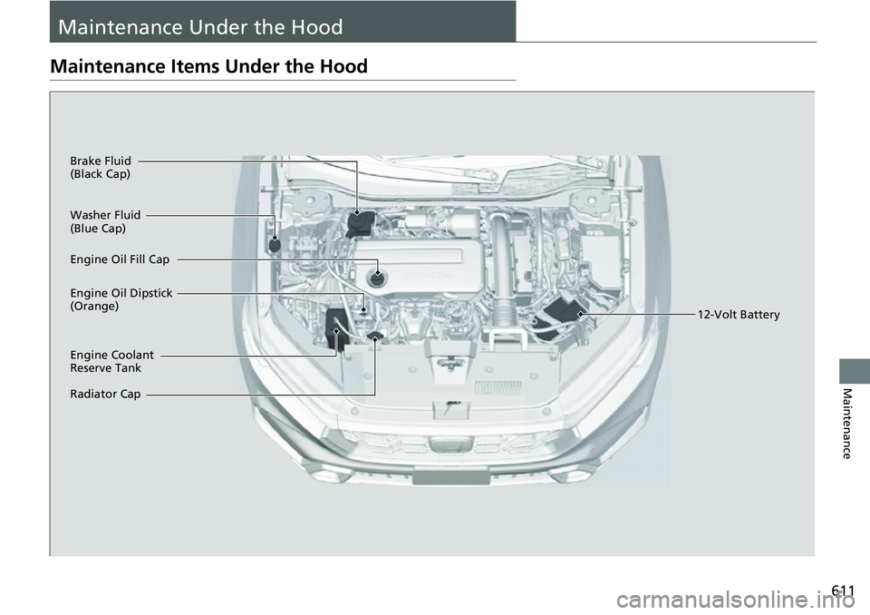 HONDA CRV 2023 Owners Manual 611
Maintenance
Maintenance Under the Hood
Maintenance Items Under the Hood
Brake Fluid
(Black Cap)
Engine Coolant
Reserve Tank
Radiator Cap Washer Fluid
(Blue Cap)
Engine Oil Dipstick
(Orange) En HONDA CRV 2023 Owners Manual 611
Maintenance
Maintenance Under the Hood
Maintenance Items Under the Hood
Brake Fluid
(Black Cap)
Engine Coolant
Reserve Tank
Radiator Cap Washer Fluid
(Blue Cap)
Engine Oil Dipstick
(Orange) En