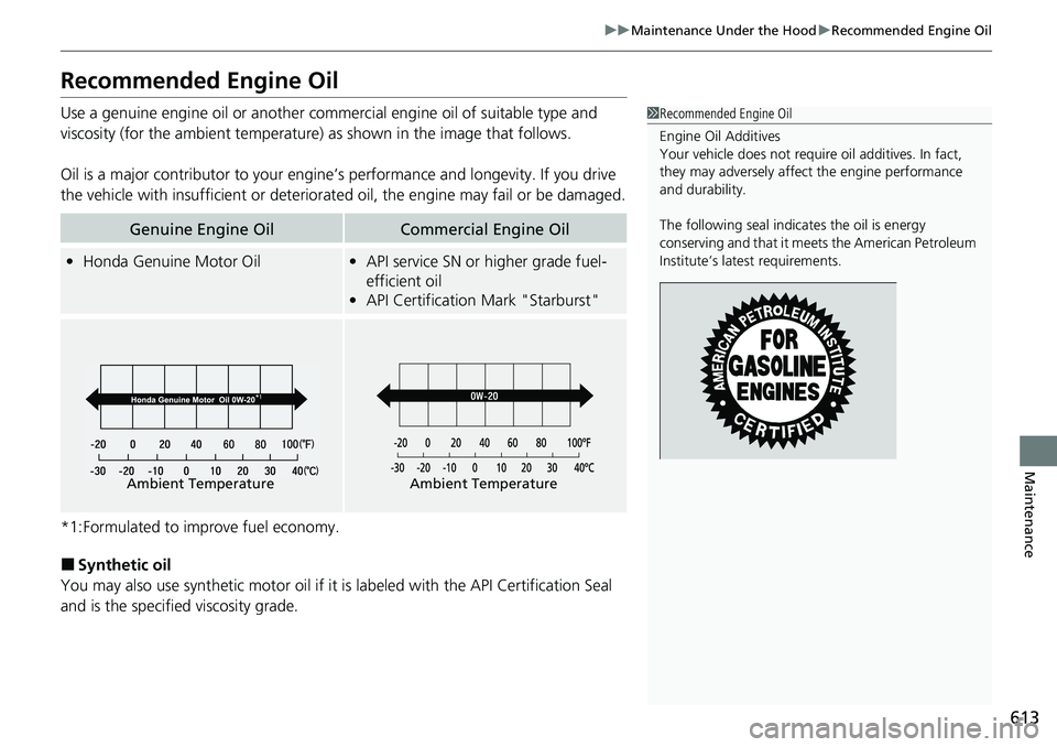 HONDA CRV 2023  Owners Manual 613
uuMaintenance Under the Hood uRecommended Engine Oil
Maintenance
Recommended Engine Oil
Use a genuine engine oil or another commercial engine oil of suitable type and 
viscosity (for the ambient t