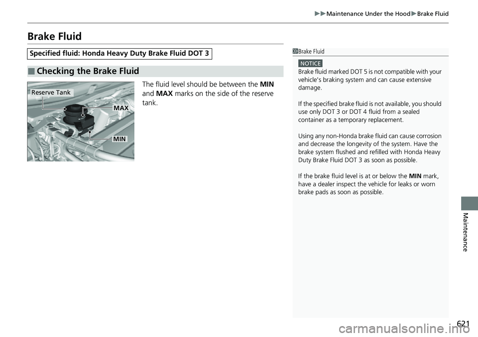 HONDA CRV 2023  Owners Manual 621
uuMaintenance Under the Hood uBrake Fluid
Maintenance
Brake Fluid
The fluid level should be between the  MIN 
and  MAX  marks on the side of the reserve 
tank.
Specified fluid: Honda He avy Duty B