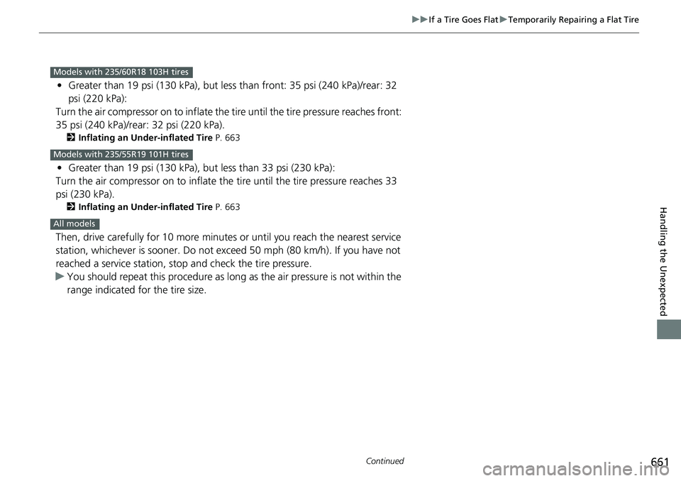 HONDA CRV 2023  Owners Manual 661
uuIf a Tire Goes Flat uTemporarily Repairing a Flat Tire
Continued
Handling the Unexpected
• Greater than 19 psi (130  kPa), but less than front: 35 psi (240 kPa)/rear: 32 
psi (220 kPa):
Turn t