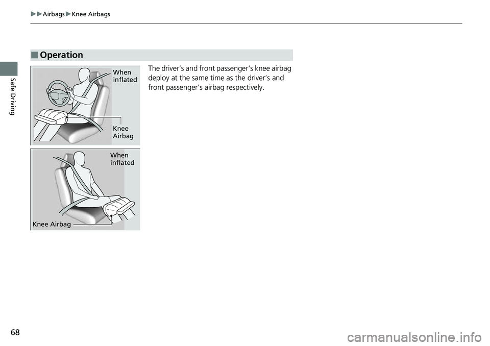 HONDA CRV 2023 Owners Manual 68
uuAirbags uKnee Airbags
Safe DrivingThe driver’s and front passenger’s knee airbag
deploy at the same time as the driver’s and
front passenger’s airbag respectively.
■Operation
When
in HONDA CRV 2023 Owners Manual 68
uuAirbags uKnee Airbags
Safe DrivingThe driver’s and front passenger’s knee airbag
deploy at the same time as the driver’s and
front passenger’s airbag respectively.
■Operation
When
in