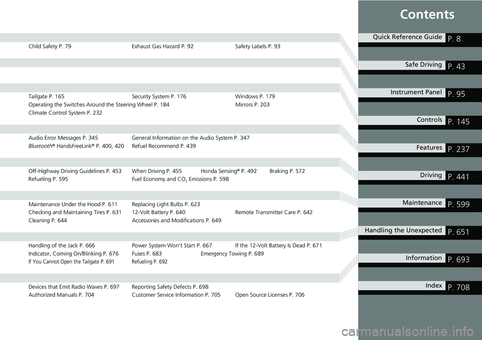 HONDA CRV 2023  Owners Manual Contents
Child Safety P. 79Exhaust Gas Hazard P. 92Safety Labels P. 93
Tailgate P. 165 Security System P. 176 Windows P. 179
Operating the Switches Around the Steering Wheel P. 184 Mirrors P. 203
Clim