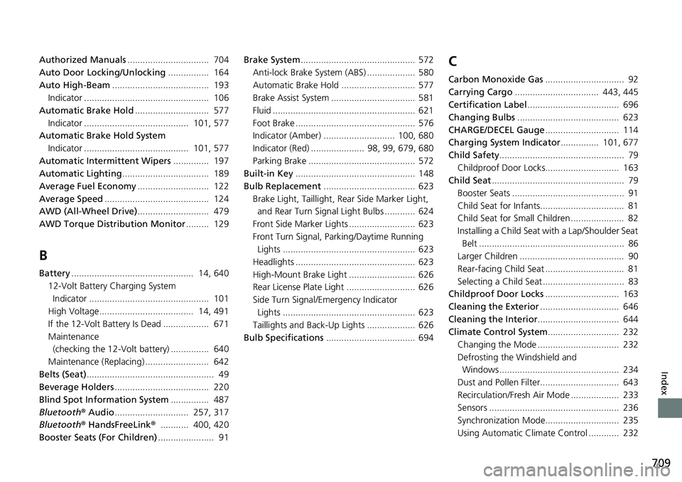 HONDA CRV 2023  Owners Manual 709
Index
Authorized Manuals................................  704
Auto Door Locking/Unlocking ................  164
Auto High-Beam ......................................  193
Indicator ...............