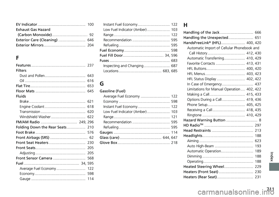 HONDA CRV 2023  Owners Manual 711
Index
EV Indicator..............................................  100
Exhaust Gas Hazard 
(Carbon Monoxide) ..................................  92
Exterior Care (Cleaning) ........................