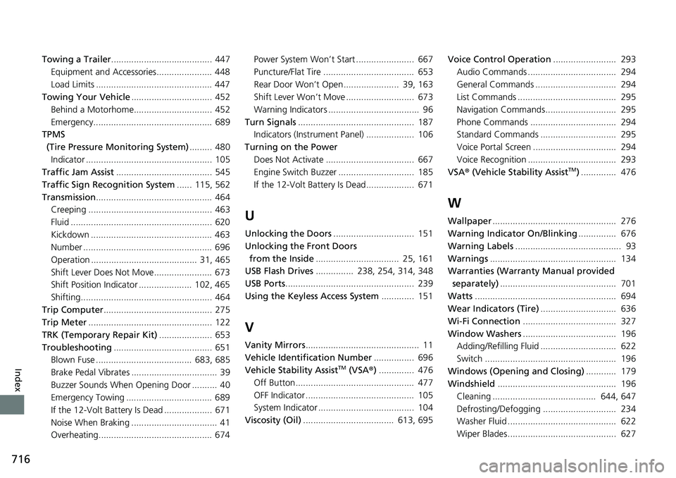 HONDA CRV 2023  Owners Manual 716
Index
Towing a Trailer........................................ 447
Equipment and Accessories...................... 448
Load Limits ..............................................  447
Towing Your V