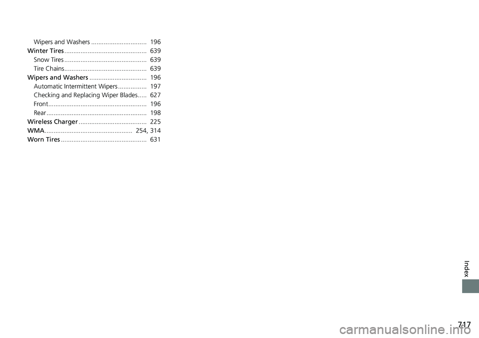 HONDA CRV 2023  Owners Manual 717
Index
Wipers and Washers ...............................  196
Winter Tires ..............................................  639
Snow Tires ..............................................  639
Tire C
