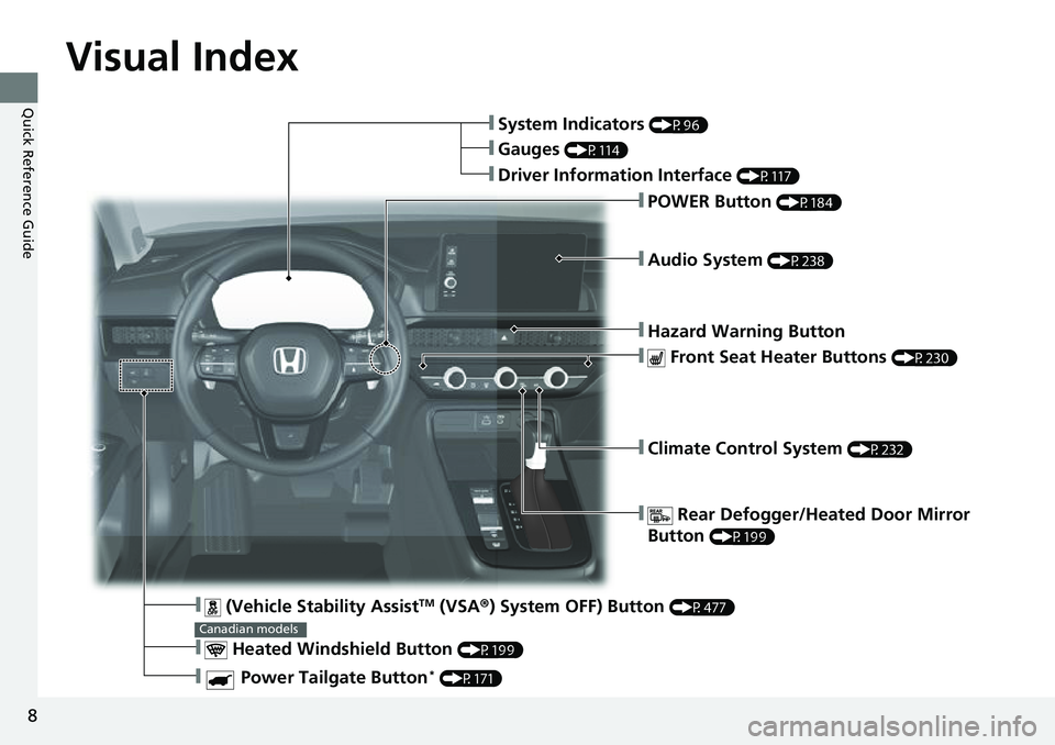 HONDA CRV 2023 Owners Manual 8
Quick Reference Guide
Quick Reference Guide
Visual Index
❚Climate Control System (P232)
❚ Rear Defogger/Heated Door Mirror
Button
(P199)
❚Audio System (P238)
❚System Indicators (P96)
❚G HONDA CRV 2023 Owners Manual 8
Quick Reference Guide
Quick Reference Guide
Visual Index
❚Climate Control System (P232)
❚ Rear Defogger/Heated Door Mirror
Button
(P199)
❚Audio System (P238)
❚System Indicators (P96)
❚G