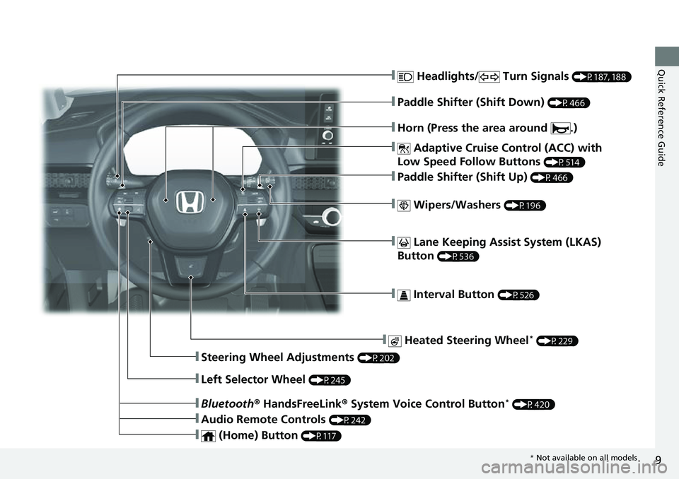 HONDA CRV 2023 Owners Manual 9
Quick Reference Guide❚ Headlights/ Turn Signals (P187, 188)
❚ Adaptive Cruise Control (ACC) with
Low Speed Follow Buttons
(P514)
❚ Lane Keeping Assist System (LKAS)
Button
(P536)
❚ Inte HONDA CRV 2023 Owners Manual 9
Quick Reference Guide❚ Headlights/ Turn Signals (P187, 188)
❚ Adaptive Cruise Control (ACC) with
Low Speed Follow Buttons
(P514)
❚ Lane Keeping Assist System (LKAS)
Button
(P536)
❚ Inte