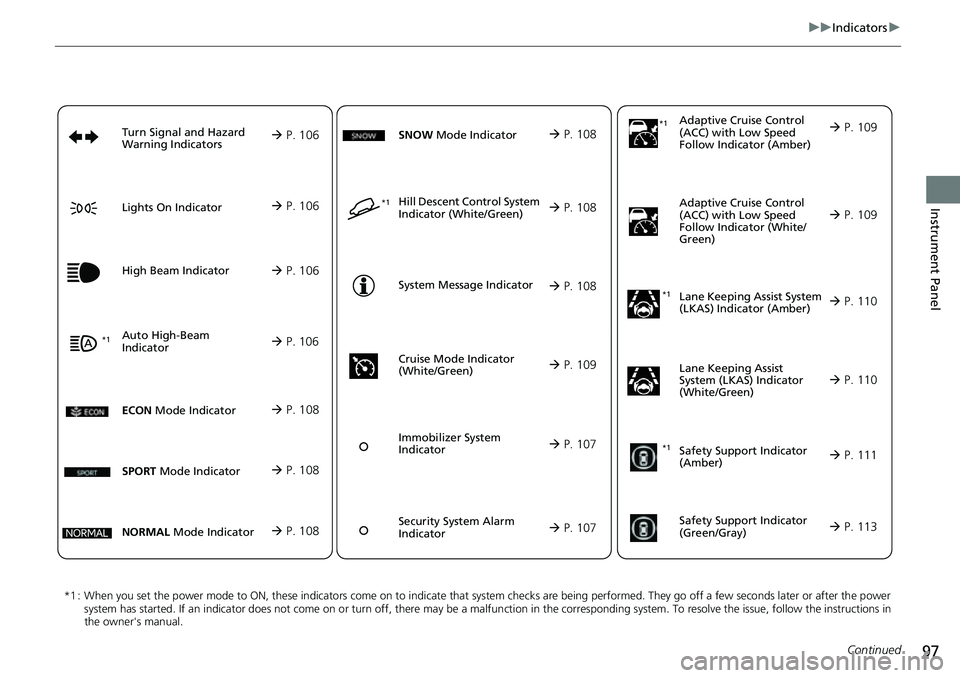 HONDA CRV 2023 Owners Manual 97
uuIndicators u
Continued
Instrument Panel
*1 : When you set the power mode to ON, these indicators come on to indicate that system checks are being performed. They go off a few seconds later or af HONDA CRV 2023 Owners Manual 97
uuIndicators u
Continued
Instrument Panel
*1 : When you set the power mode to ON, these indicators come on to indicate that system checks are being performed. They go off a few seconds later or af