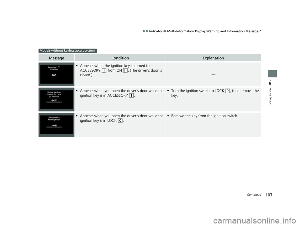 HONDA HRV 2022 Owners Manual 107
uuIndicators uMulti-Information Display Warn ing and Information Messages*
Continued
Instrument Panel
MessageConditionExplanation
•Appears when the ignition key is turned to
ACCESSORY
(q from HONDA HRV 2022 Owners Manual 107
uuIndicators uMulti-Information Display Warn ing and Information Messages*
Continued
Instrument Panel
MessageConditionExplanation
•Appears when the ignition key is turned to
ACCESSORY
(q from