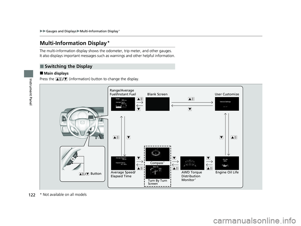 HONDA HRV 2022 Owners Manual 122
uuGauges and Displays uMulti-Information Display*
Instrument Panel
Multi-Information Display*
The multi-information display shows the od ometer, trip meter, and other gauges.
It also displays impo HONDA HRV 2022 Owners Manual 122
uuGauges and Displays uMulti-Information Display*
Instrument Panel
Multi-Information Display*
The multi-information display shows the od ometer, trip meter, and other gauges.
It also displays impo