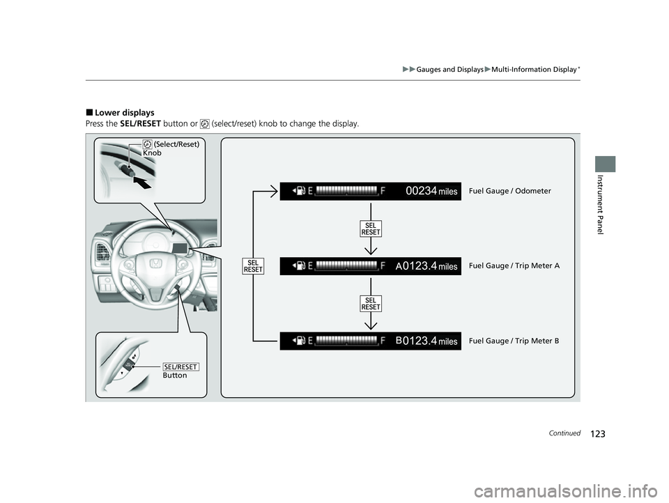 HONDA HRV 2022 Owners Manual 123
uuGauges and Displays uMulti-Information Display*
Continued
Instrument Panel
■Lower displays
Press the SEL/RESET button or (select/reset) knob to change the display.
Fuel Gauge / Odometer
Fu HONDA HRV 2022 Owners Manual 123
uuGauges and Displays uMulti-Information Display*
Continued
Instrument Panel
■Lower displays
Press the SEL/RESET button or (select/reset) knob to change the display.
Fuel Gauge / Odometer
Fu
