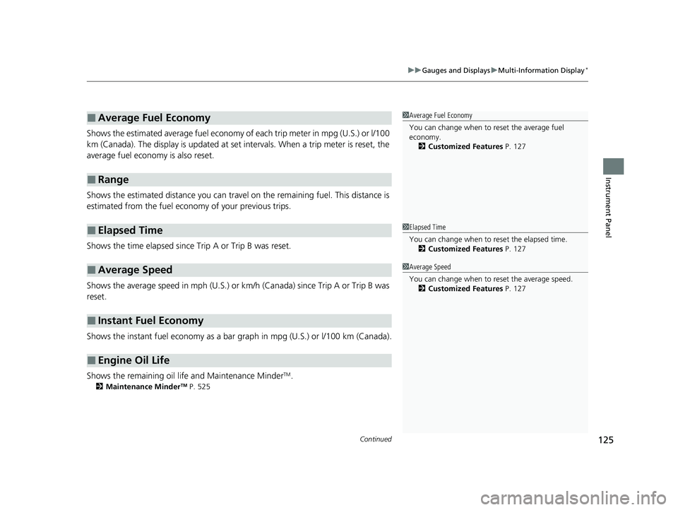 HONDA HRV 2022  Owners Manual Continued125
uuGauges and Displays uMulti-Information Display*
Instrument Panel
Shows the estimated average fuel economy of  each trip meter in mpg (U.S.) or l/100 
km (Canada). The display is updated