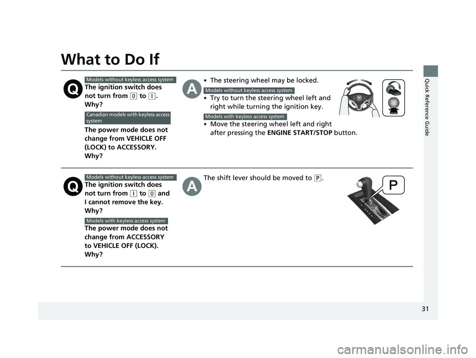 HONDA HRV 2022 Owners Manual 31
Quick Reference Guide
What to Do If
The ignition switch does
not turn from
(0 to (q.
Why?
The power mode does not
change from VEHICLE OFF
(LOCK) to ACCESSORY.
Why?
•The steering wheel may b HONDA HRV 2022 Owners Manual 31
Quick Reference Guide
What to Do If
The ignition switch does
not turn from
(0 to (q.
Why?
The power mode does not
change from VEHICLE OFF
(LOCK) to ACCESSORY.
Why?
•The steering wheel may b