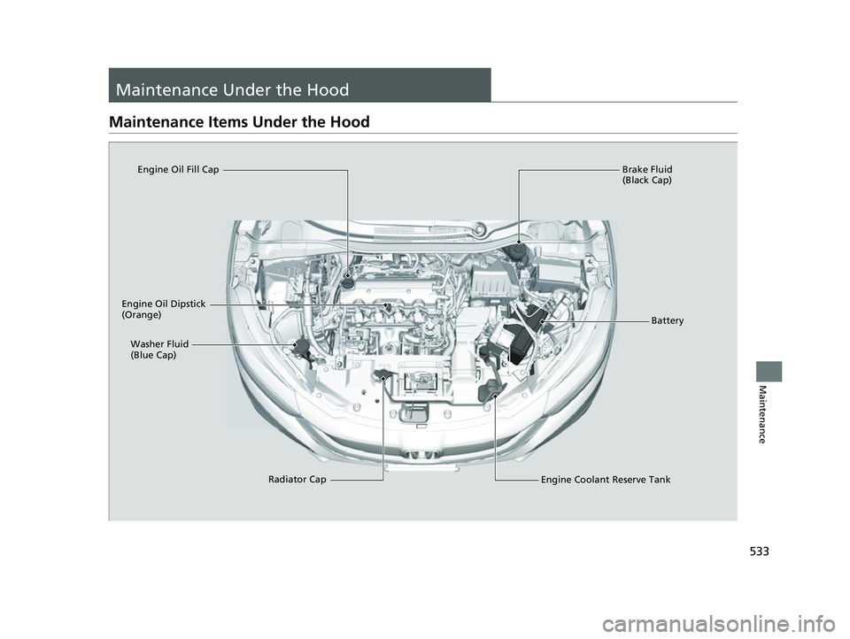 HONDA HRV 2022  Owners Manual 533
Maintenance
Maintenance Under the Hood
Maintenance Items Under the Hood
Brake Fluid 
(Black Cap)
Engine Coolant Reserve Tank
Radiator Cap
Washer Fluid 
(Blue Cap)
Engine Oil Dipstick 
(Orange) Eng