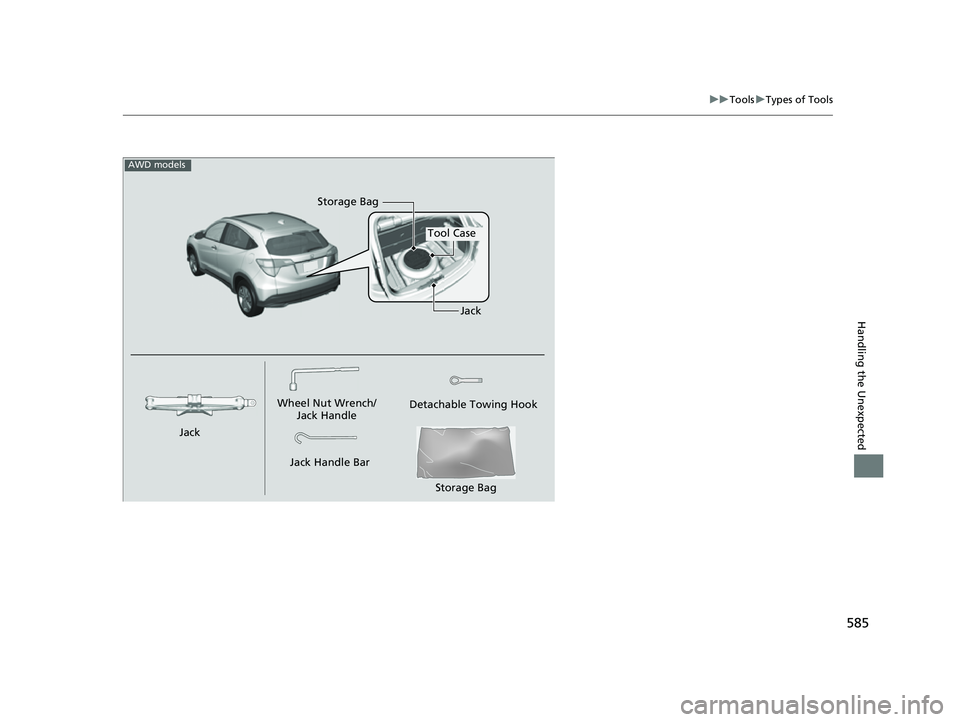 HONDA HRV 2022 Owners Manual 585
uuTools uTypes of Tools
Handling the Unexpected
Wheel Nut Wrench/
Jack Handle
Jack Handle Bar Detachable Towing Hook
Tool Case
Jack
Jack
AWD models
Storage Bag
Storage Bag
22 HR-V HDMC-31T7A6600.b HONDA HRV 2022 Owners Manual 585
uuTools uTypes of Tools
Handling the Unexpected
Wheel Nut Wrench/
Jack Handle
Jack Handle Bar Detachable Towing Hook
Tool Case
Jack
Jack
AWD models
Storage Bag
Storage Bag
22 HR-V HDMC-31T7A6600.b