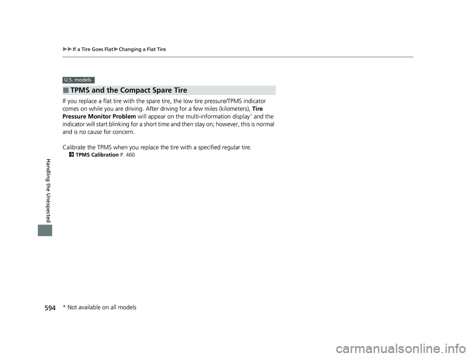 HONDA HRV 2022 Owners Manual 594
uuIf a Tire Goes Flat uChanging a Flat Tire
Handling the Unexpected
If you replace a flat tire with the spare tire, the low tire pressure/TPMS indicator
comes on while you are driving. Afte r dr HONDA HRV 2022 Owners Manual 594
uuIf a Tire Goes Flat uChanging a Flat Tire
Handling the Unexpected
If you replace a flat tire with the spare tire, the low tire pressure/TPMS indicator
comes on while you are driving. Afte r dr