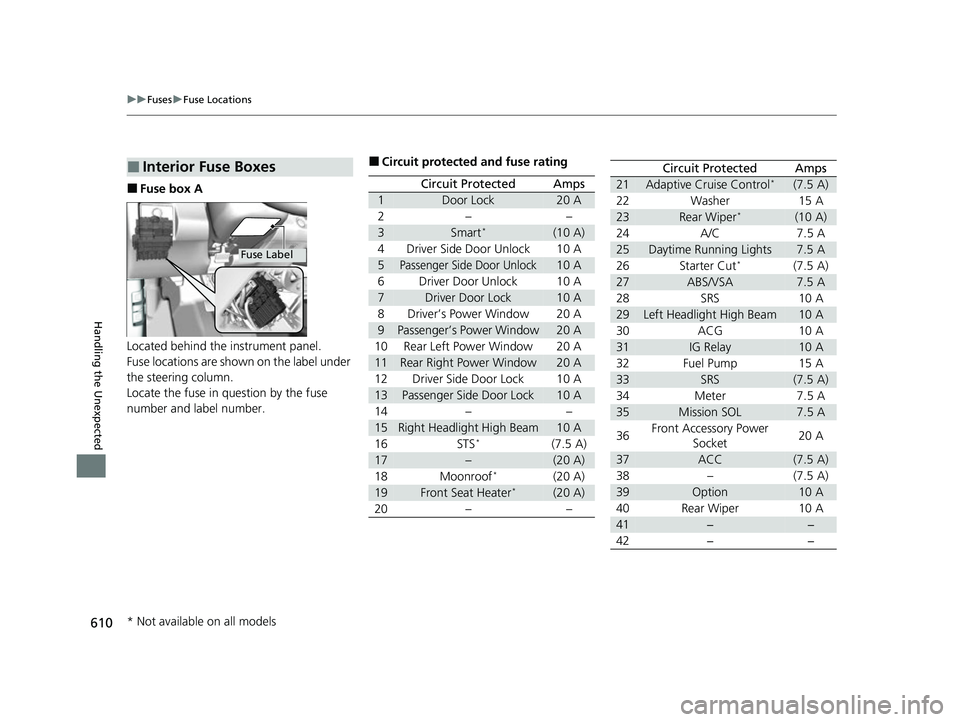 HONDA HRV 2022 Owners Manual 610
uuFuses uFuse Locations
Handling the Unexpected
■Fuse box A
Located behind the instrument panel.
Fuse locations are shown on the label under
the steering column.
Locate the fuse in question by HONDA HRV 2022 Owners Manual 610
uuFuses uFuse Locations
Handling the Unexpected
■Fuse box A
Located behind the instrument panel.
Fuse locations are shown on the label under
the steering column.
Locate the fuse in question by
