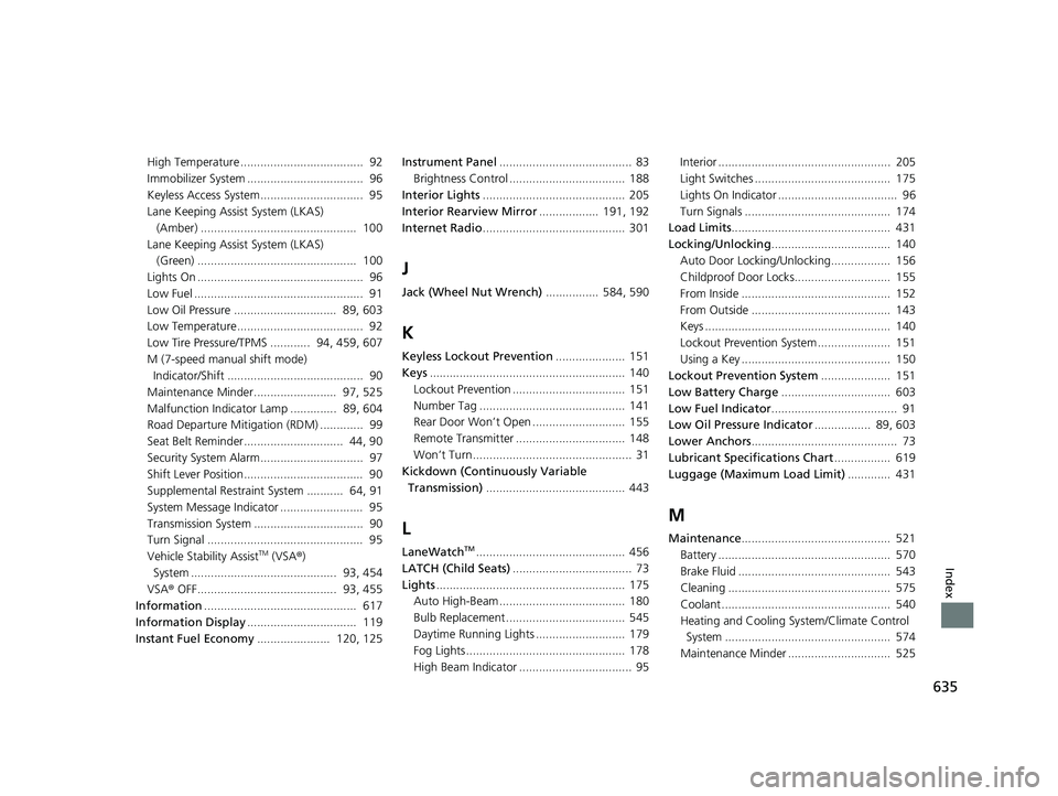 HONDA HRV 2022  Owners Manual 635
Index
High Temperature .....................................  92
Immobilizer System ...................................  96
Keyless Access System...............................  95
Lane Keeping As