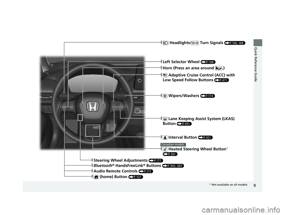 HONDA HRV 2023 User Guide 9
Quick Reference Guide❚ Headlights/ Turn Signals (P166, 168)
❚Left Selector Wheel (P108)
❚ Adaptive Cruise Control (ACC) with
Low Speed Follow Buttons
(P471)
❚ Lane Keeping Assist System ( HONDA HRV 2023 User Guide 9
Quick Reference Guide❚ Headlights/ Turn Signals (P166, 168)
❚Left Selector Wheel (P108)
❚ Adaptive Cruise Control (ACC) with
Low Speed Follow Buttons
(P471)
❚ Lane Keeping Assist System (