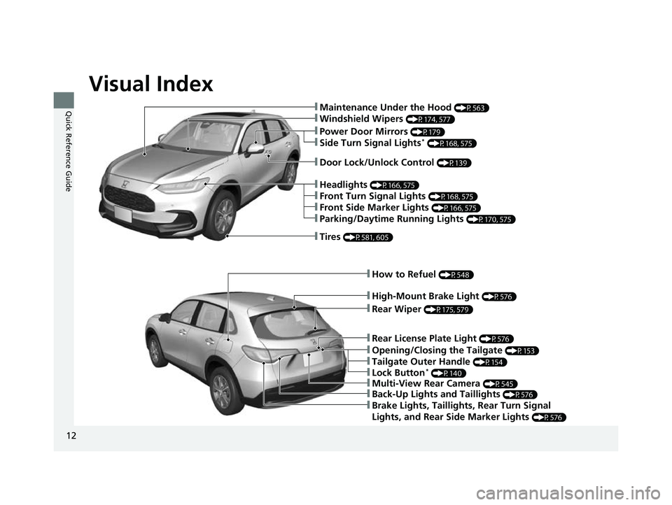 HONDA HRV 2023 User Guide Visual Index
12
Quick Reference Guide❚Maintenance Under the Hood (P563)
❚Windshield Wipers (P174, 577)
❚Tires (P581, 605)
❚Rear Wiper (P175, 579)
❚How to Refuel (P548)
❚Multi-View Rear Cam HONDA HRV 2023 User Guide Visual Index
12
Quick Reference Guide❚Maintenance Under the Hood (P563)
❚Windshield Wipers (P174, 577)
❚Tires (P581, 605)
❚Rear Wiper (P175, 579)
❚How to Refuel (P548)
❚Multi-View Rear Cam