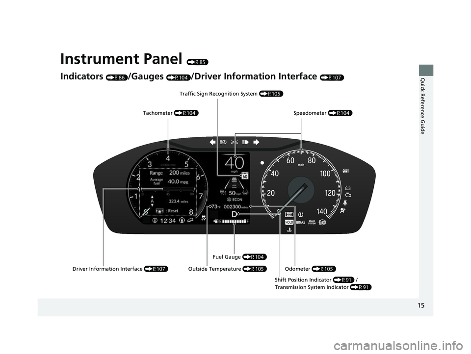 HONDA HRV 2023 User Guide 15
Quick Reference Guide
Instrument Panel (P85)
Indicators (P86)/Gauges (P104)/Driver Information Interface (P107)
Tachometer (P104) Speedometer (P104)
Traffic Sign Recognition System
(P105)
Driver HONDA HRV 2023 User Guide 15
Quick Reference Guide
Instrument Panel (P85)
Indicators (P86)/Gauges (P104)/Driver Information Interface (P107)
Tachometer (P104) Speedometer (P104)
Traffic Sign Recognition System
(P105)
Driver