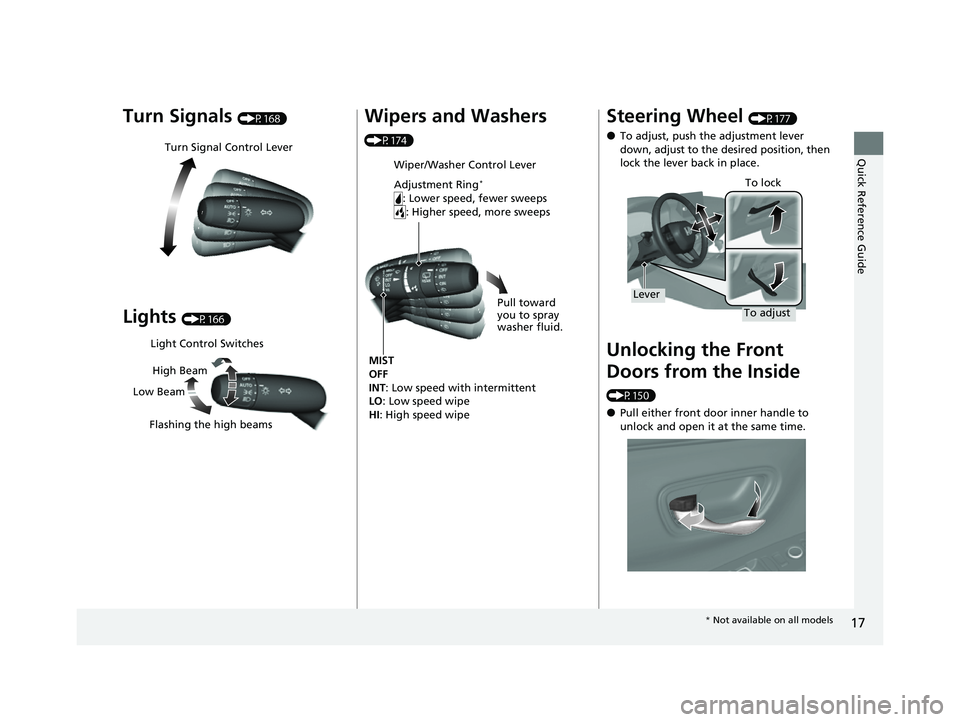 HONDA HRV 2023  Owners Manual 17
Quick Reference Guide
Turn Signals (P168)
Lights (P166)
Turn Signal Control Lever
Light Control Switches
Low Beam High Beam
Flashing the high beams
Wipers and Washers 
(P174)
Wiper/Washer Control L