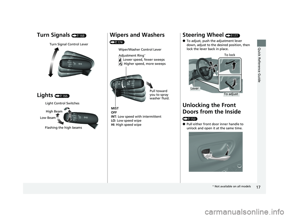 HONDA HRV 2023 User Guide 17
Quick Reference Guide
Turn Signals (P168)
Lights (P166)
Turn Signal Control Lever
Light Control Switches
Low Beam High Beam
Flashing the high beams
Wipers and Washers
(P174)
Wiper/Washer Control L HONDA HRV 2023 User Guide 17
Quick Reference Guide
Turn Signals (P168)
Lights (P166)
Turn Signal Control Lever
Light Control Switches
Low Beam High Beam
Flashing the high beams
Wipers and Washers
(P174)
Wiper/Washer Control L
