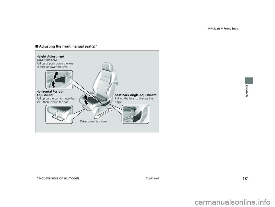 HONDA HRV 2023  Owners Manual 181
uuSeats uFront Seats
Continued
Controls
■Adjusting the front manual seat(s)*
Horizontal Position 
Adjustment
Pull up on the bar to move the 
seat, then release the bar.
Driver’s seat is shown.