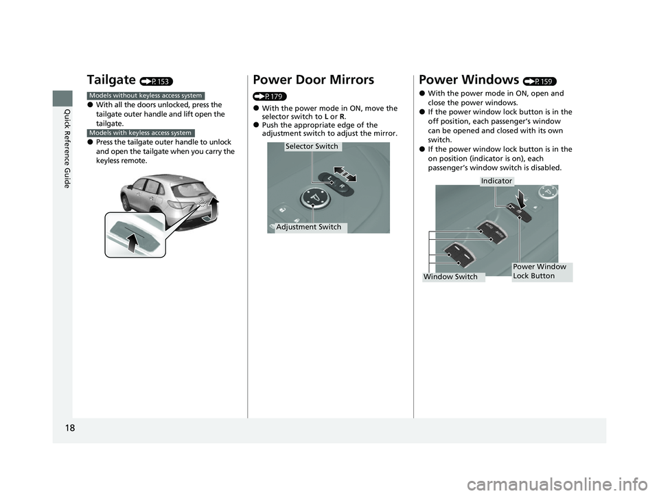 HONDA HRV 2023  Owners Manual 18
Quick Reference Guide
Tailgate (P153)
●With all the doors unlocked, press the 
tailgate outer handle and lift open the 
tailgate.
●Press the tailgate outer handle to unlock 
and open the tailga