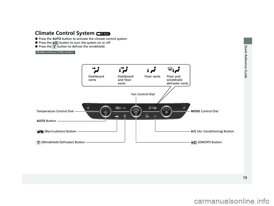 HONDA HRV 2023 Owners Manual 19
Quick Reference Guide
Climate Control System (P203)
●Press the AUTO button to activate th e climate control system.●Press the   button to turn the system on or off.●Press the   button to de f