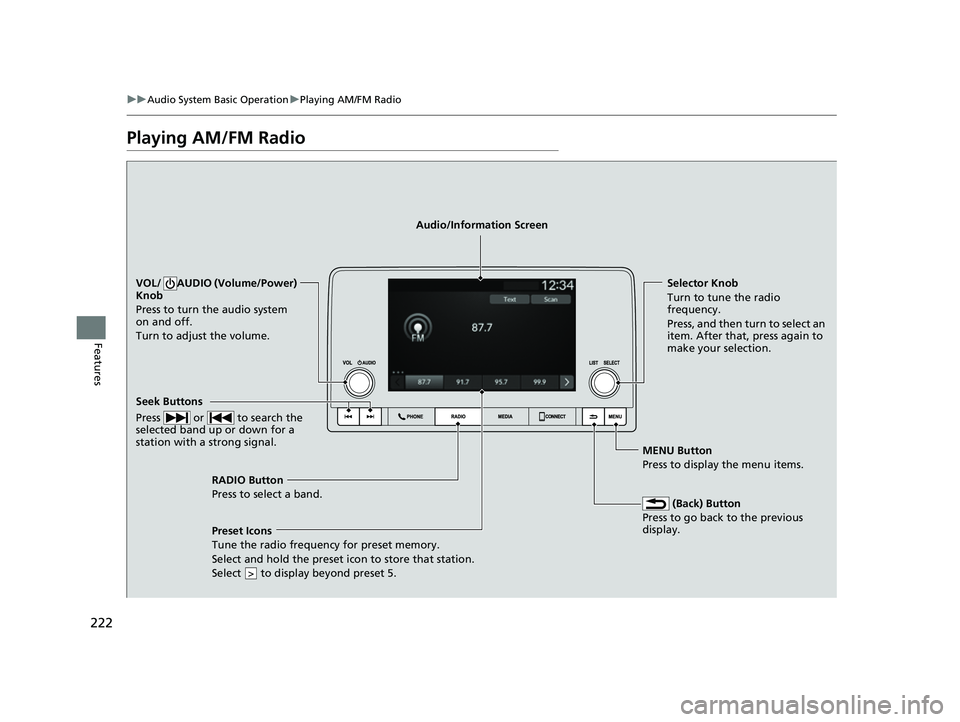HONDA HRV 2023  Owners Manual 222
uuAudio System Basic Operation uPlaying AM/FM Radio
Features
Playing AM/FM Radio
RADIO Button
Press to select a band.
 (Back) Button
Press to go back to the previous 
display.
Seek Buttons
Press  
