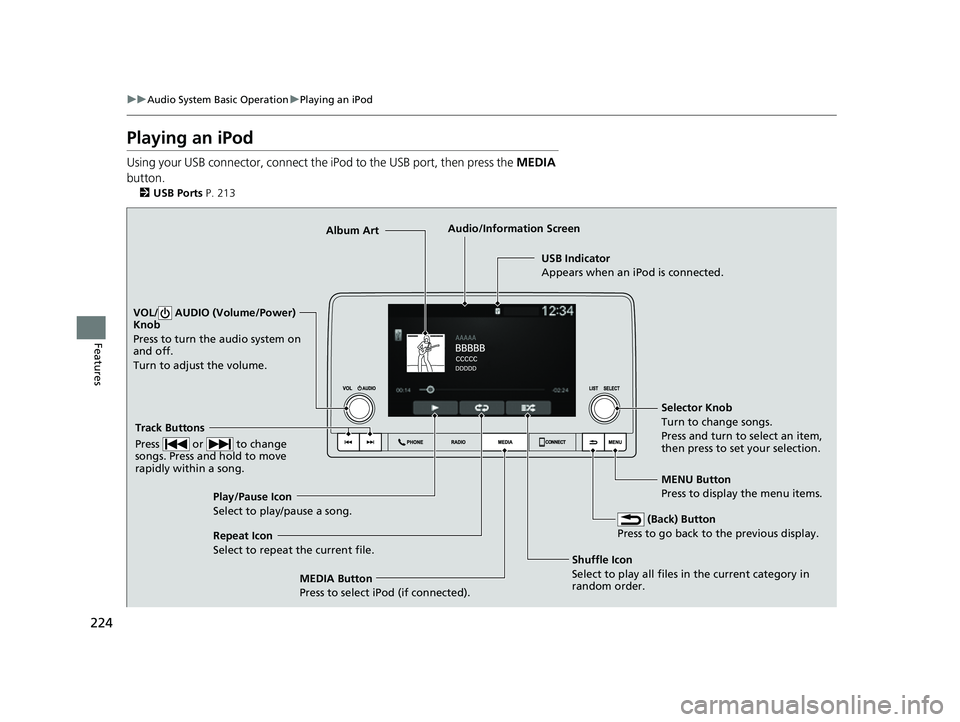 HONDA HRV 2023  Owners Manual 224
uuAudio System Basic Operation uPlaying an iPod
Features
Playing an iPod
Using your USB connector, connect the iPod to the USB port, then press the  MEDIA 
button.
2 USB Ports P. 213
USB Indicator