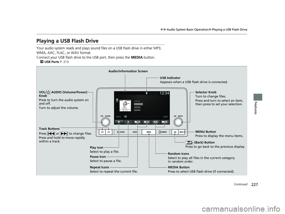 HONDA HRV 2023  Owners Manual 227
uuAudio System Basic Operation uPlaying a USB Flash Drive
Continued
Features
Playing a USB Flash Drive
Your audio system reads and  plays sound files on a USB flash drive in either MP3, 
WMA, AAC,