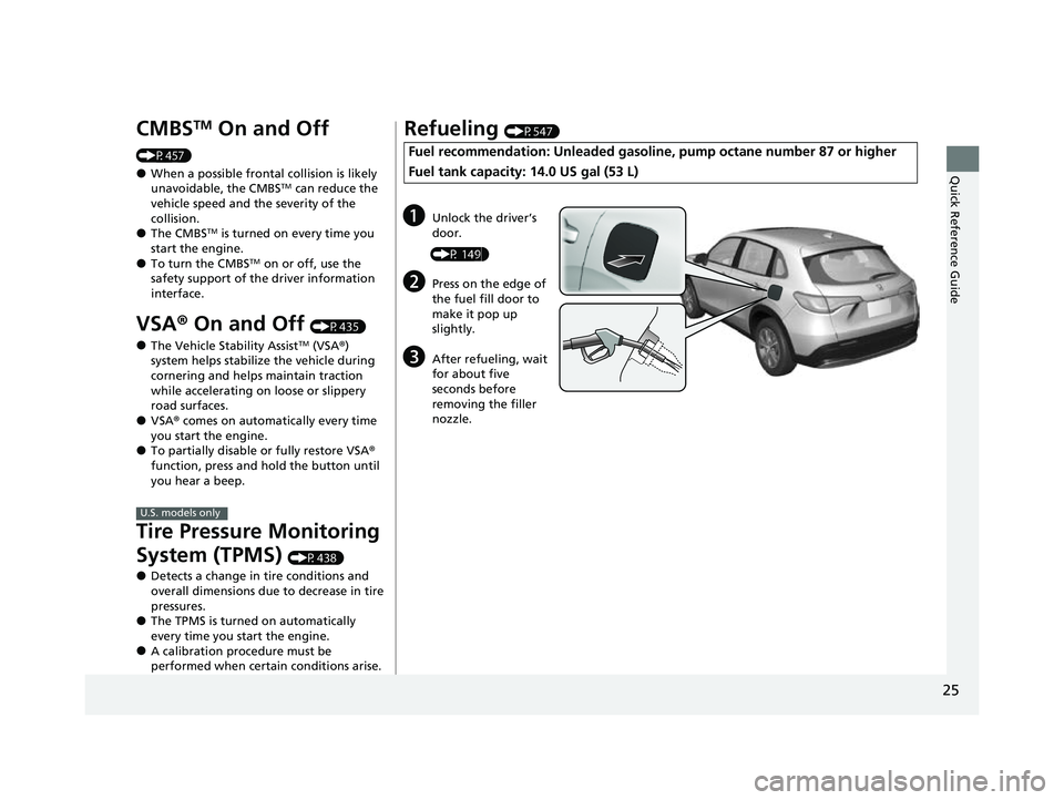 HONDA HRV 2023 Owners Manual 25
Quick Reference Guide
CMBSTM On and Off 
(P457)
●When a possible frontal collision is likely 
unavoidable, the CMBSTM can reduce the 
vehicle speed and the severity of the 
collision.
●The CMBS