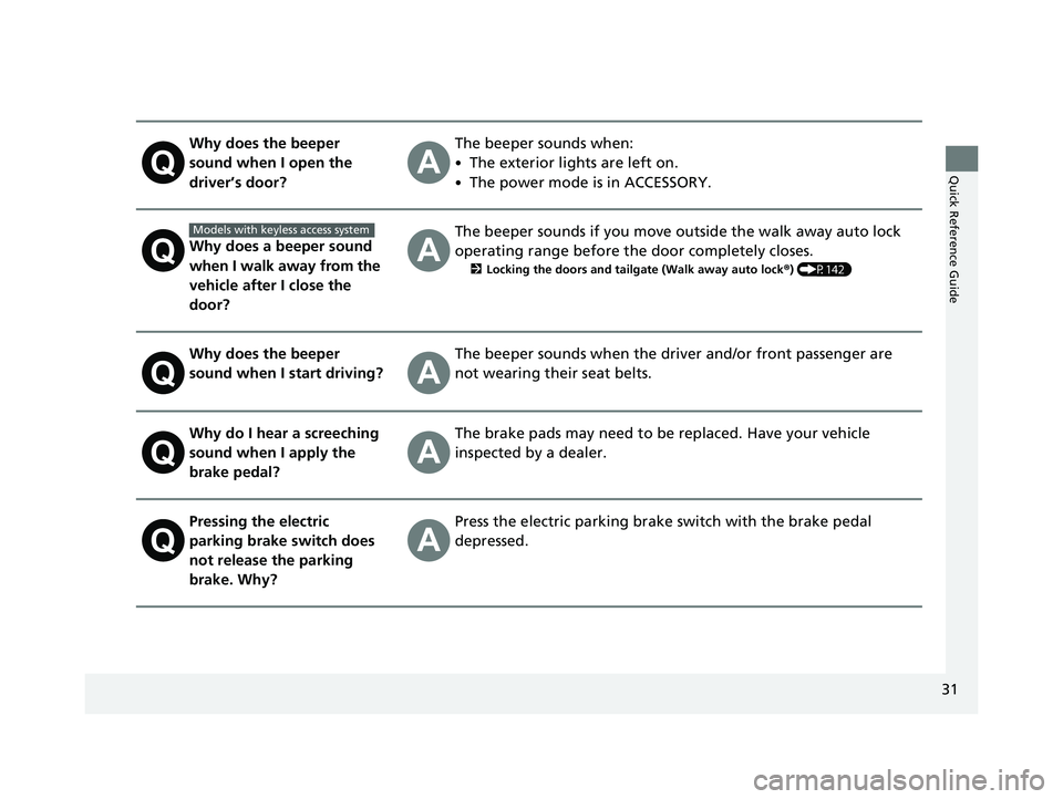 HONDA HRV 2023 Owners Guide 31
Quick Reference Guide
Why does the beeper
sound when I open the
driver’s door?The beeper sounds when:
•The exterior lights are left on.
•The power mode is in ACCESSORY.
Why does a beeper so HONDA HRV 2023 Owners Guide 31
Quick Reference Guide
Why does the beeper
sound when I open the
driver’s door?The beeper sounds when:
•The exterior lights are left on.
•The power mode is in ACCESSORY.
Why does a beeper so