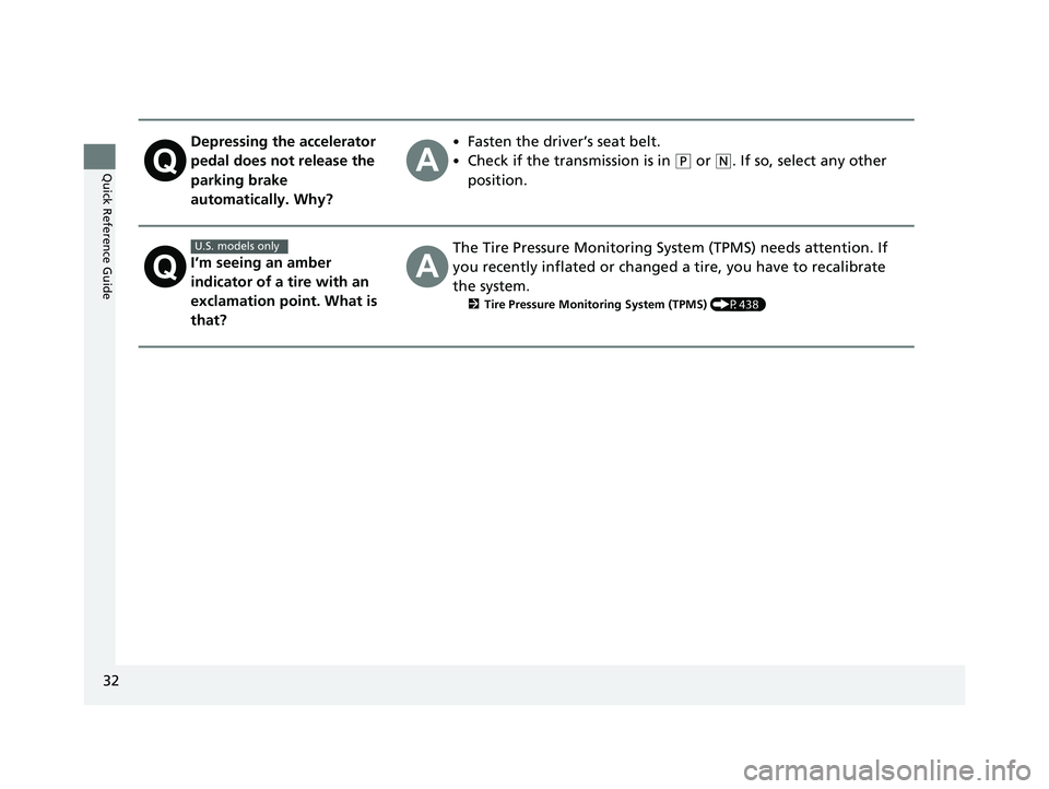 HONDA HRV 2023  Owners Manual 32
Quick Reference Guide
Depressing the accelerator 
pedal does not release the 
parking brake 
automatically. Why?•Fasten the driver’s seat belt.
•Check if the transmission is in (P or (N. If s