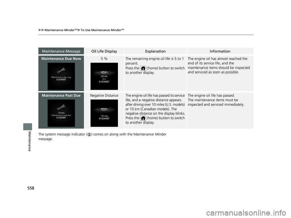 HONDA HRV 2023  Owners Manual 558
uuMaintenance MinderTMuTo Use Maintenance MinderTM
MaintenanceThe system message indicator ( ) comes  on along with the Maintenance Minder 
message.
Maintenance MessageOil Life DisplayExplanationI