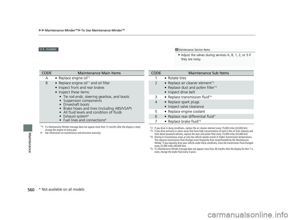 HONDA HRV 2023  Owners Manual 560
uuMaintenance MinderTMuTo Use Maintenance MinderTM
Maintenance
1Maintenance Service Items
•Adjust the valves during services A, B, 1, 2, or 3 if 
they are noisy.
�6��4���N�P�E�F�M�T
*1: If a 