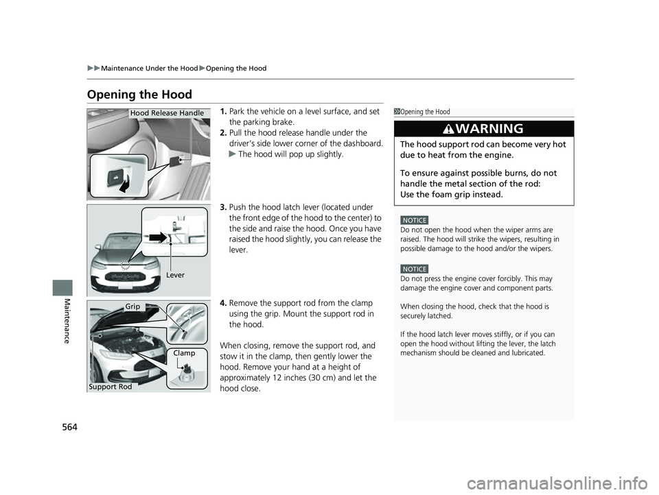 HONDA HRV 2023  Owners Manual 564
uuMaintenance Under the Hood uOpening the Hood
Maintenance
Opening the Hood
1. Park the vehicle on a level surface, and set 
the parking brake.
2. Pull the hood release handle under the 
driver’